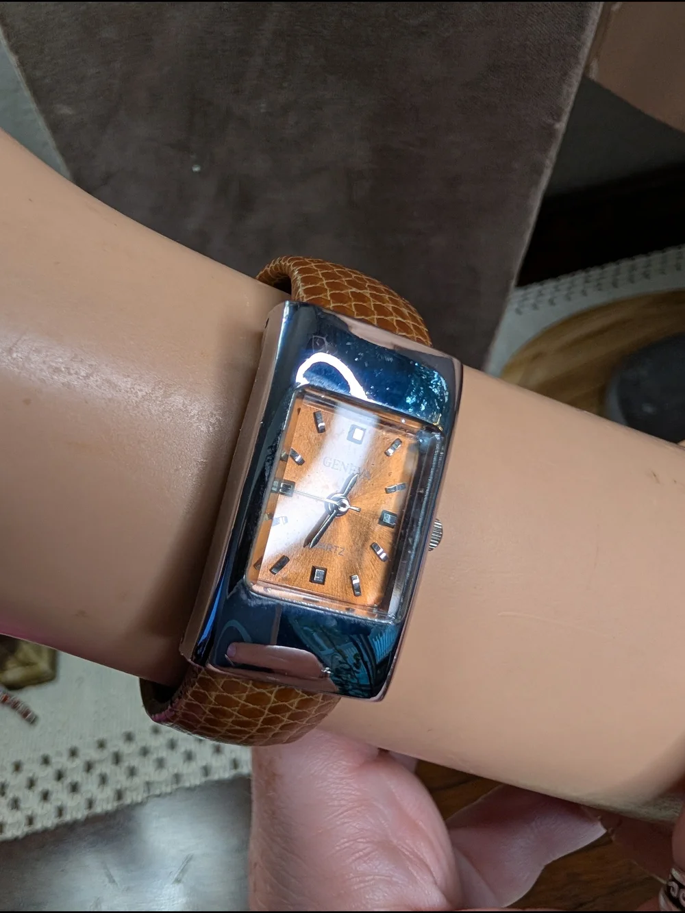 Geneva Silver-Tone Watch Orange Dial and Brown Leather Hinged Cuff Strap